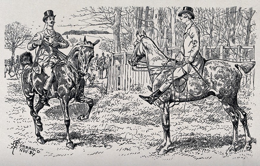 Two horsemen meeting on a turf. Wood engraving by A. C. Corbould.