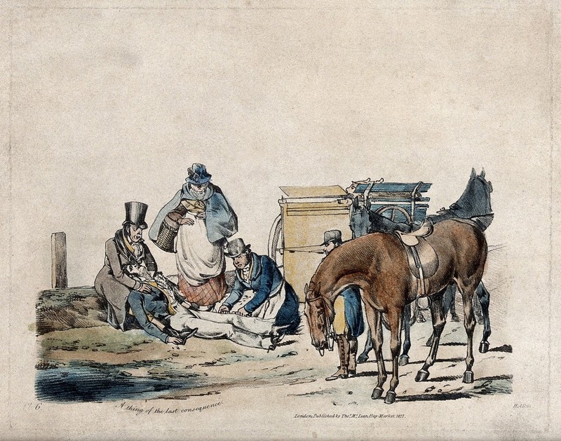 A dead or injured young horse-rider is tended by two men and a lady looking on. Coloured soft-ground etching by H. Alken., 1821, by Henry Thomas Alken