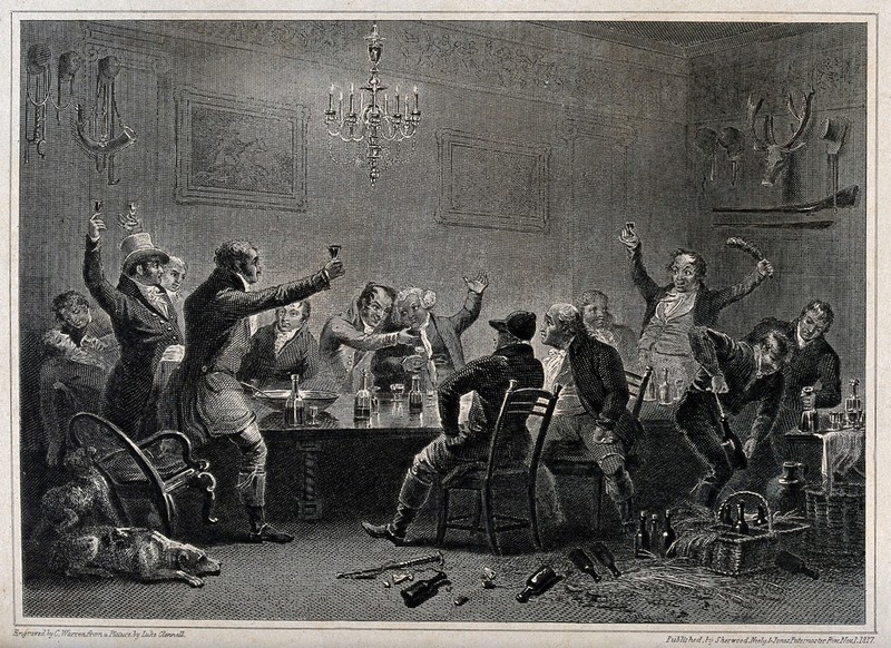 Gentlemen gathering for a joyful celebration after a foxhunt. Engraving by C. Warren after L. Clennell., 1817, by Luke Clennell