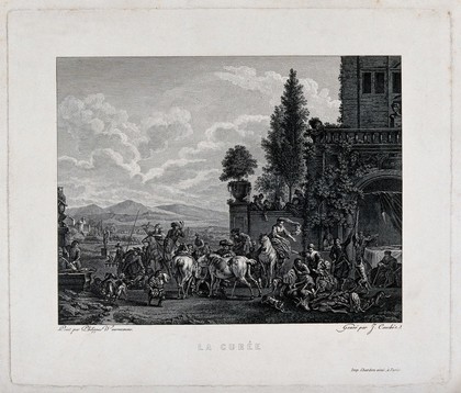 The hounds are given their quarry after a stag hunt in a court yard with a mounted horseman blowing the horn. Engraving by J. Couché after P. Wouwerman.