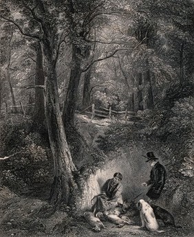 Two men examining the prey of their hunt in a wood with two hounds looking on. Etching by J. Cousen after F. R. Lee.