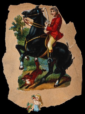 view A rider on his horse baulking over a fox. Colour lithograph cut paper work.