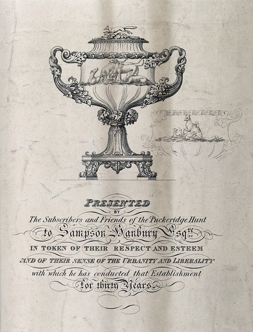 A hunting trophy showing dogs, topped with a fox figurine. Engraving.