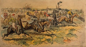 view A hunting party charging ahead with one rider barely able to control his horse. Chromolithograph after G. F. Mason.