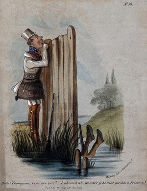 view A man in a scottish hunting outfit attempts to peer over a fence unable to see that his companion is drowning in the lake behind the fence. Coloured lithograph.