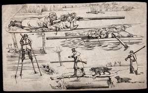 view Four different ways of dealing with water during a fowl-hunting shoot: the hunter lying on ice, the hunter hiding in a boat, the hunter on stilts and the hunter using a pole as a bridge. Soft-ground etching by H. Alken, 1824.