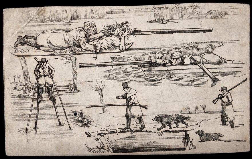 Four different ways of dealing with water during a fowl-hunting shoot: the hunter lying on ice, the hunter hiding in a boat, the hunter on stilts and the hunter using a pole as a bridge. Soft-ground etching by H. Alken, 1824.
