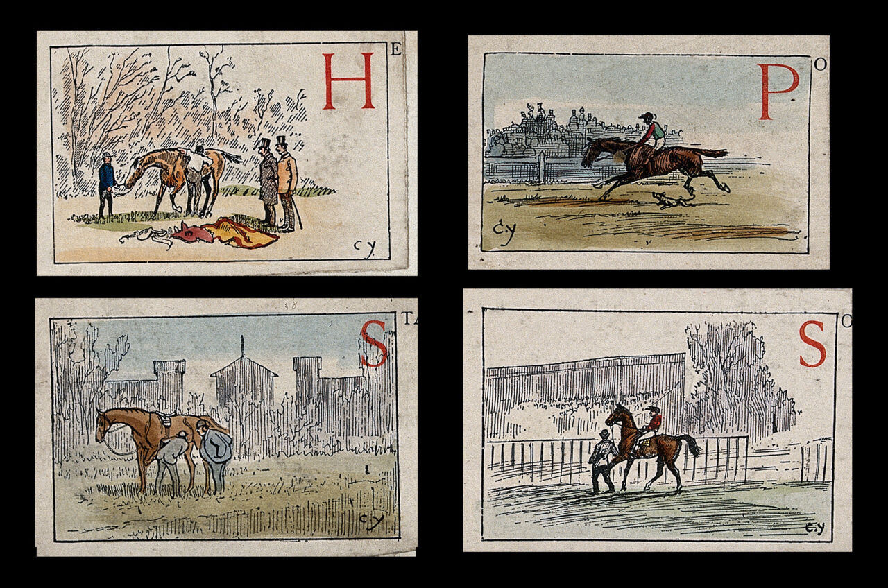 Six different scenes from a race course, including a horse running off without the jockey, a rider mounting a horse and a dog following a race horse on the track. Coloured line block by V. Geruzez., by Crafty