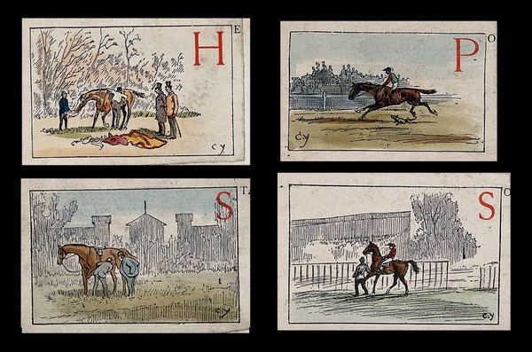 Six different scenes from a race course, including a horse running off without the jockey, a rider mounting a horse and a dog following a race horse on the track. Coloured line block by V. Geruzez.