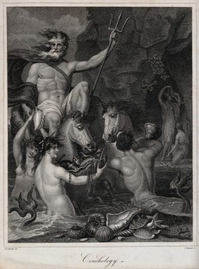 Neptune surrounded by Triton and sea-nymphs is presented with the fruits of the sea; representing conchology. Stipple engraving by J. Chapman after R. Corbould.