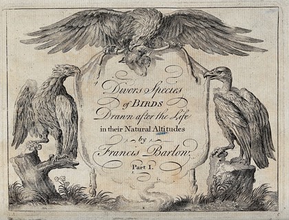 A title page illustrated with two eagles and a vulture holding a sheep's skin between them. Engraving, ca. 1690, after F. Barlow.