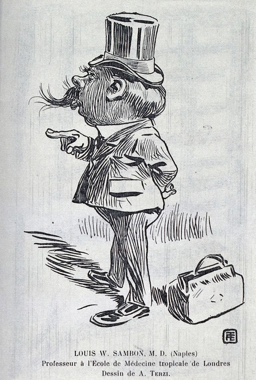 Louis Sambon, Lecturer at the London School of Tropical Medicine. Reproduction of a pen and ink drawing by A.J.E. Terzi, ca. 1919.