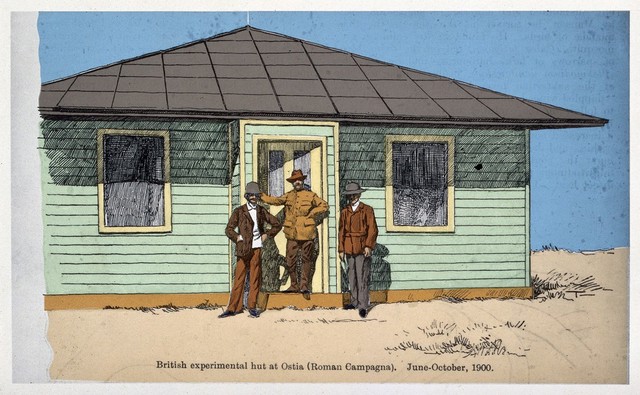 Three researchers outside the British experimental hut set up near Ostia to verify the mosquito-malaria theory. Coloured photograph of a pen drawing by A. Terzi, ca. 1900.