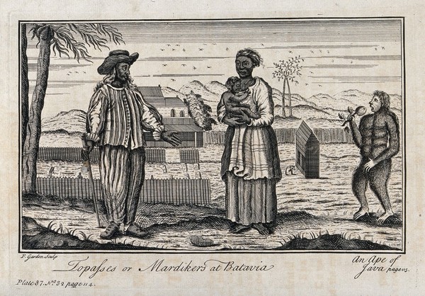 Java: a man and a woman of mixed race (Dutch and Javanese), with the woman holding a young child in her arms, standing outside a plantation; right an ape of Java (orangoutan?). Etching by F. Garden, 1752.