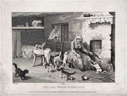 An old lady is enraged when her cats disturb her stoking the fire. Etching by W. S. Howitt.