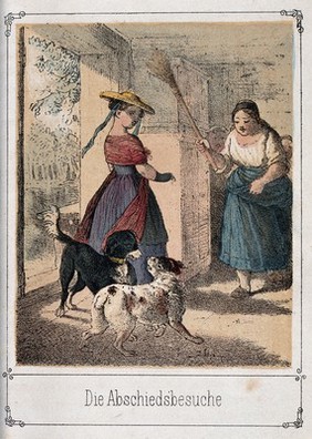 Two dogs greeting each other enthusiastically with the effect that the kitchenmaid attempts to separate them with a broom. Colour lithograph.