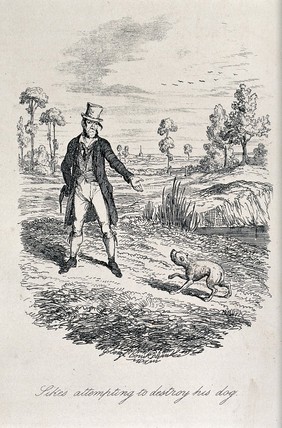 Bill Sikes attempting to drown his dog in a pond near Hatfield, Herts. Etching by G. Cruikshank, 1838.