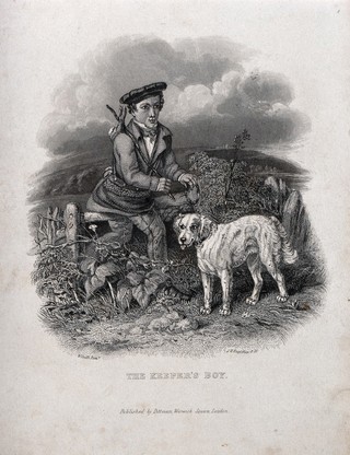A gamekeepers assistant (game-boy) putting his dog on a leash. Etching by J. H. Engleheart after W. Smith.