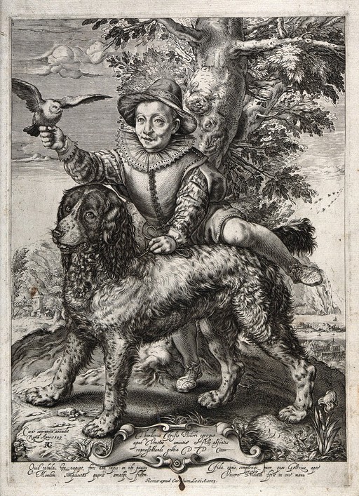 Frederick de Vries, an apprentice of Hendrik Goltzius, is shown holding a dove aloft in one hand while throwing his leg over a large hunting dog, as if about to take a ride on it. Engraving by R.G. after Hendrik Goltzius.
