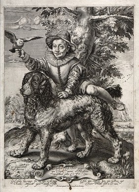 Frederick de Vries, an apprentice of Hendrik Goltzius, is shown holding a dove aloft in one hand while throwing his leg over a large hunting dog, as if about to take a ride on it. Engraving by Hendrik Goltzius.