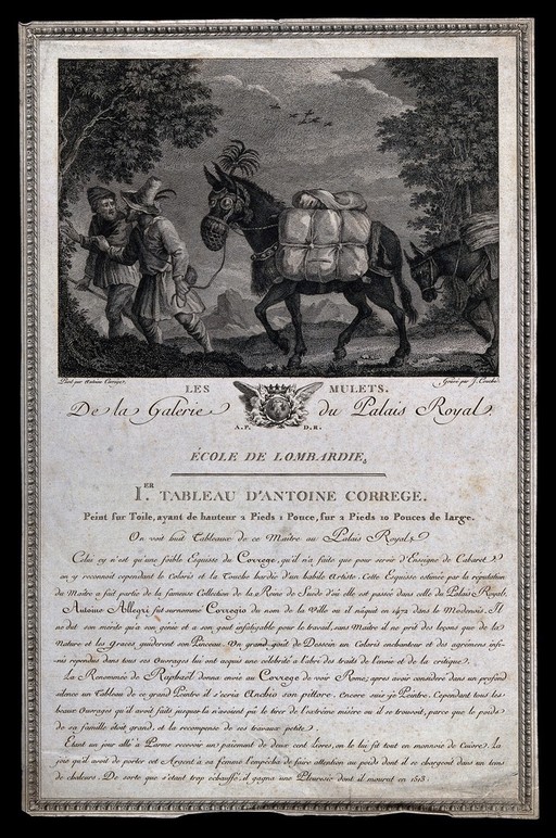 Two drovers walking with their packed mules trough a forest at night. Line engraving by J. Couché after A. Allegri (Il Corregio).