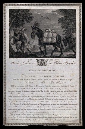 Two drovers walking with their packed mules through a forest at night. Line engraving by J. Couché after a design attributed to A. Allegri, il Correggio.