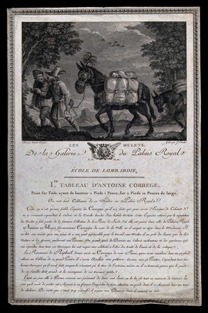 view Two drovers walking with their packed mules through a forest at night. Line engraving by J. Couché after a design attributed to A. Allegri, il Correggio.