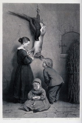 Two children examining a hare and a fowl hung up after a hunt while a younger child sits on the ground eating bread. Engraving by C. W. Sharpe after H. Browne.