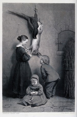 view Two children examining a hare and a fowl hung up after a hunt while a younger child sits on the ground eating bread. Engraving by C. W. Sharpe after H. Browne.