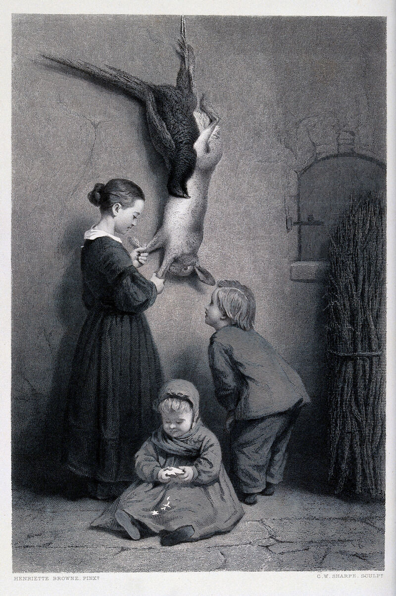 Two children examining a hare and a fowl hung up after a hunt while a younger child sits on the ground eating bread. Engraving by C. W. Sharpe after H. Browne., by Henriette Browne