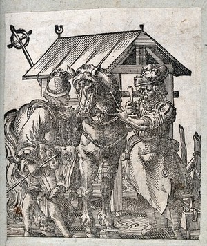 view A man handing over his horse to the blacksmith. Woodcut.