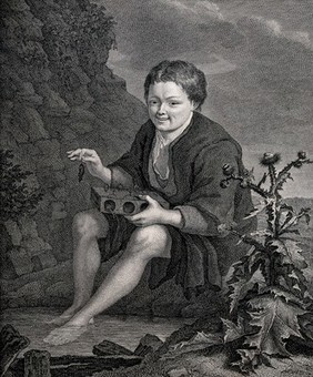 A boy holding a mouse trap on his knees and a dead mouse in his right hand sits with his feet immersed in a pool. Line engraving by H. Guttenberg after P.C. van Slingelandt.
