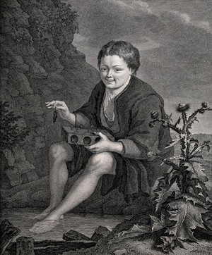 view A boy holding a mouse trap on his knees and a dead mouse in his right hand sits with his feet immersed in a pool. Line engraving by H. Guttenberg after P.C. van Slingelandt.