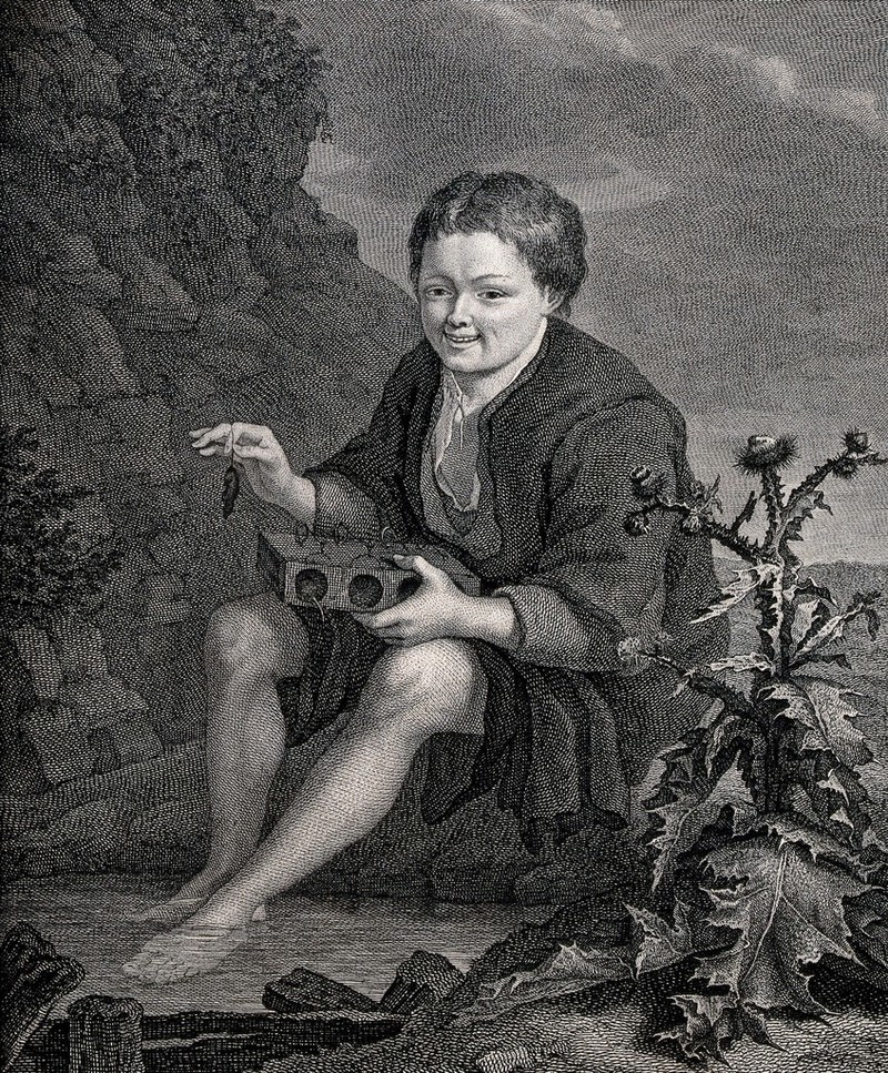 A boy holding a mouse trap on his knees and a dead mouse in his right hand sits with his feet immersed in a pool. Line engraving by H. Guttenberg after P.C. van Slingelandt., [1792], by Pieter Cornelisz van Slingelandt