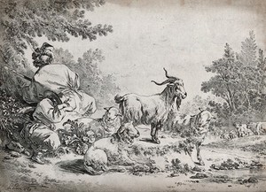 view A herder resting with his flock of goats near a river. Etching and aquatint by J. B. Leprince, 1769.