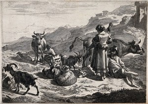 view A woman spinning wool directly of a sheep lying on the ground while another woman milks a cow in the background. Etching.