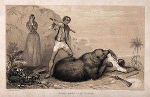 view A bear eating a man is about to be killed by a man with a bludgeon while a weeping woman stands in the background. Coloured lithograph by R. J. Hamerton.