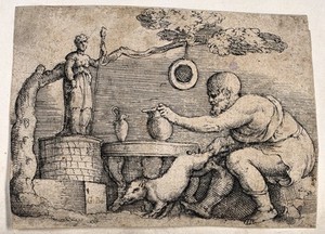 view A man sits near an altar with a statue of a goddess and prepares a boar for sacrifice. Engraving by Battista Franco.