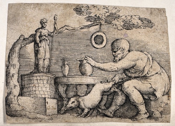 A man sits near an altar with a statue of a goddess and prepares a boar for sacrifice. Engraving by Battista Franco.