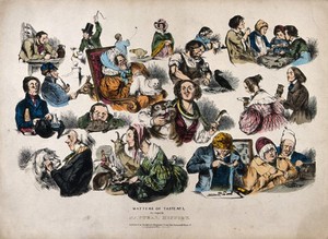 view Humans shown in their relationships with their pet animals, including a man trying to teach his crow the principles of language and children snail racing. Coloured lithograph.