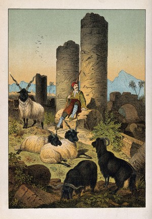 view A Greek shepherd resting on the ruins of a temple near his flock. Colour line block.