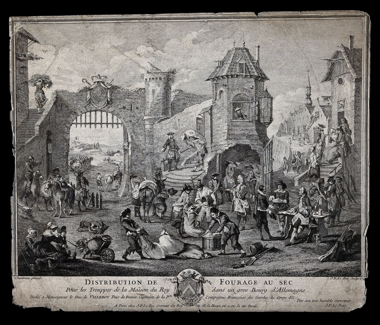 French soldiers requisitioning food from civilians inside a German fortified town. Etching by J. P. Le Bas, 1741 after J.-F. Chanterau., 1741, by Jérôme-François Chantereau