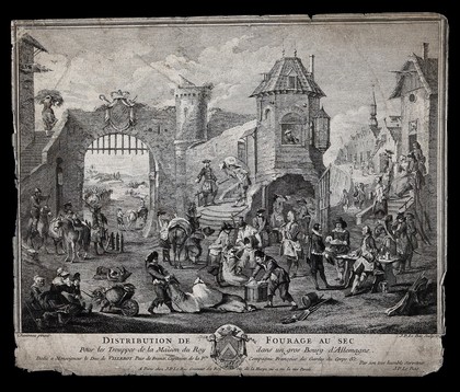 French soldiers requisitioning food from civilians inside a German fortified town. Etching by J. P. Le Bas, 1741 after J.-F. Chanterau.