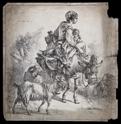 A woman and her child on a packed mule. Etching by J. B. Huet.