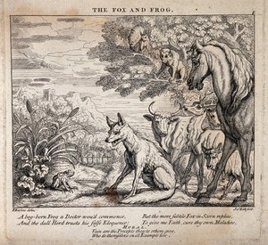 view A frog is sitting under rushes in a bog facing a fox and surrounded by other animals; illustration of a fable. Etching by J. Kirk after F. Barlow.