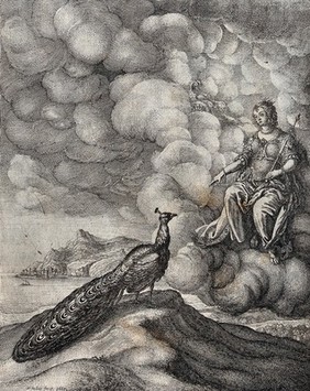 Juno is seated on the clouds and addresses a peacock standing on a mound; illustration of Ogilby's "Aesopicks". Etching by W. Hollar.