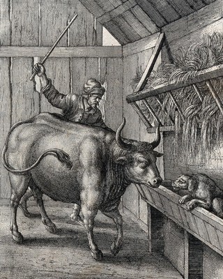 A dog in the manger is growling at an ox which is driven by a peasant with a stick. Etching by W. Hollar for a fable by J. Ogilby.