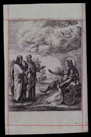 view Apollo sits on a mound, his lyre beside him, and points with his right hand to two men who face him; illustration for a fable. Etching by J. English.