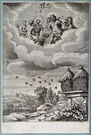 view Above, a bee presents a honeycomb to the Olympian gods in the clouds; below, bees are flying into and out of two wicker beehives; illustration of a fable. Etching by F. Barlow.