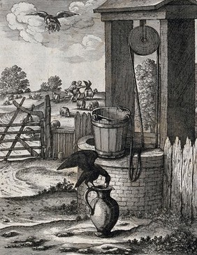 A crow is standing on the handle of a large pitcher in front of a well; illustration of a fable by J. Ogilby.